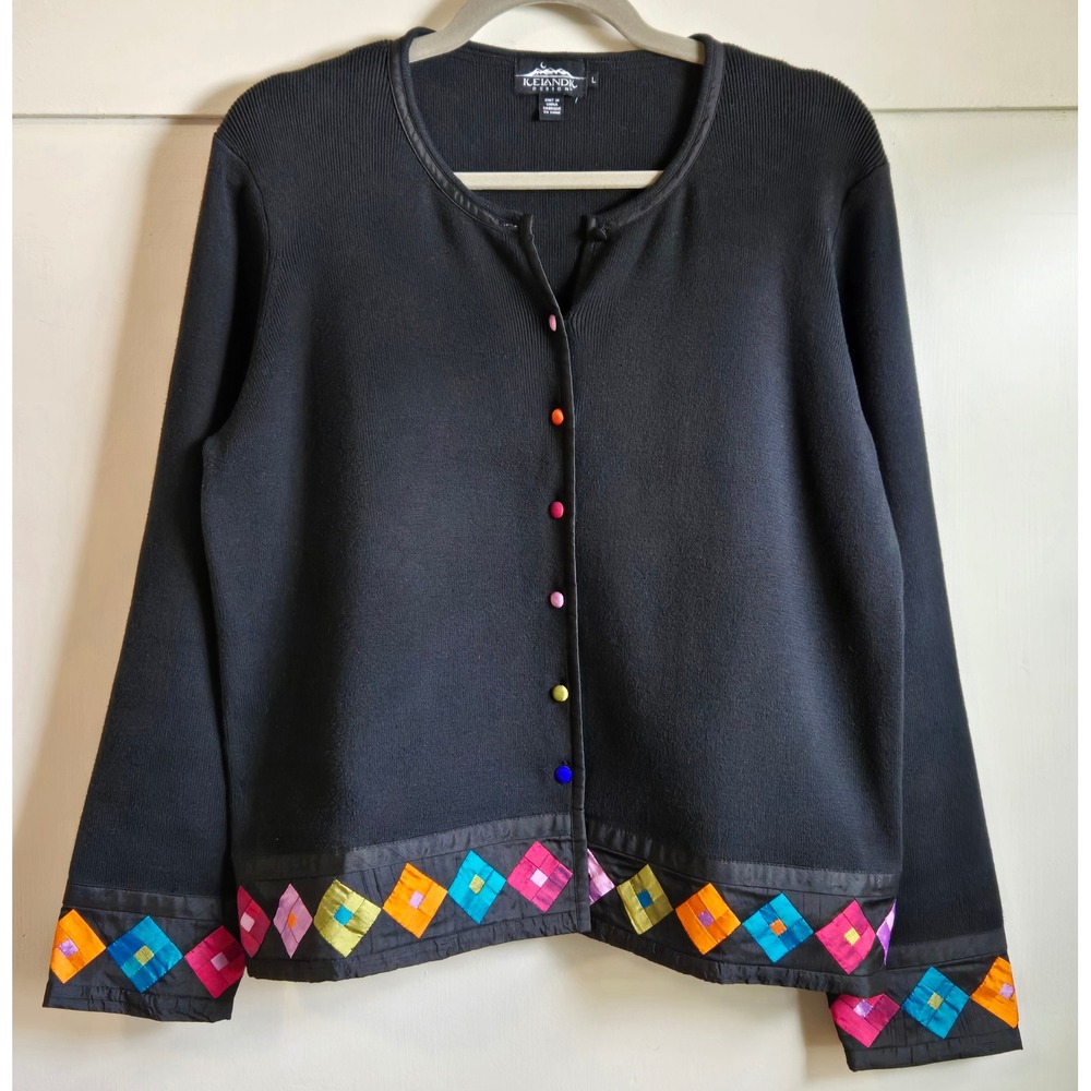 Icelandic Design Black Cardigan Sweater Colorful Silk Patchwork Diamond Trim L